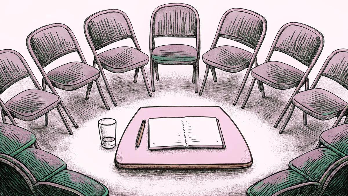 A circle of empty chairs surrounds a blank notepad and a glass of water.