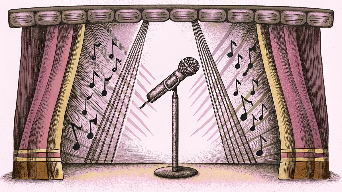 A microphone stands on a concert stage beneath dramatic purple and gold stage lighting with floating musical notes.