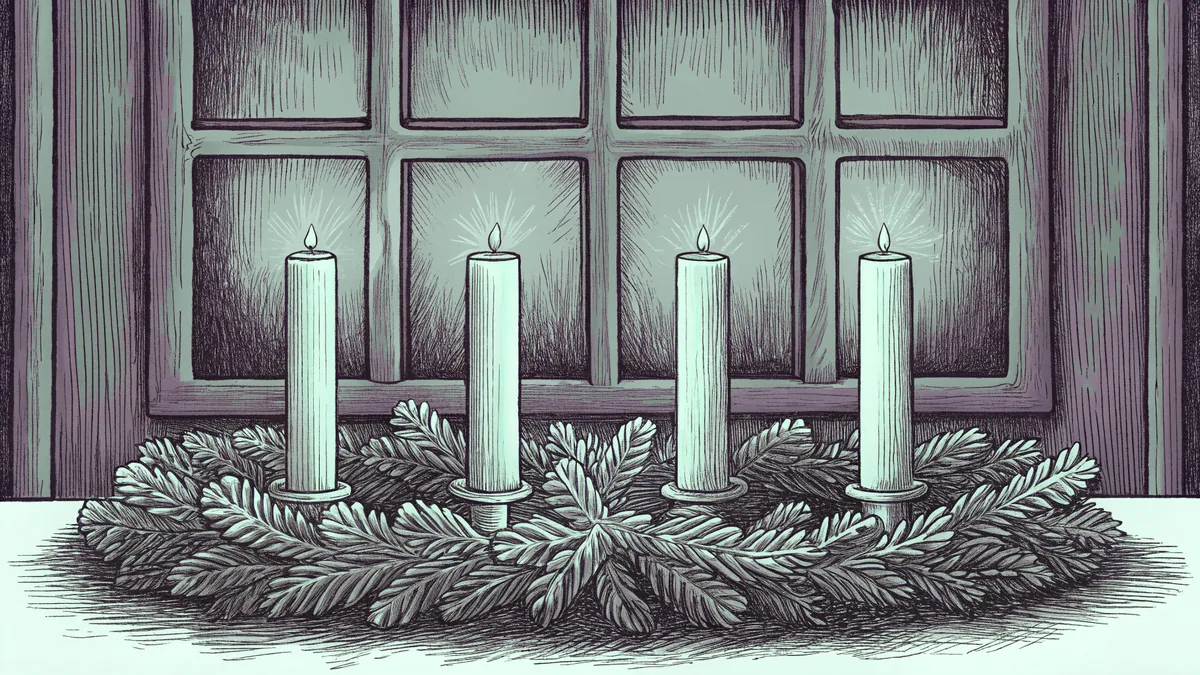 A purple advent wreath with four candles, one of them lit, sits on a table by a frosted window.