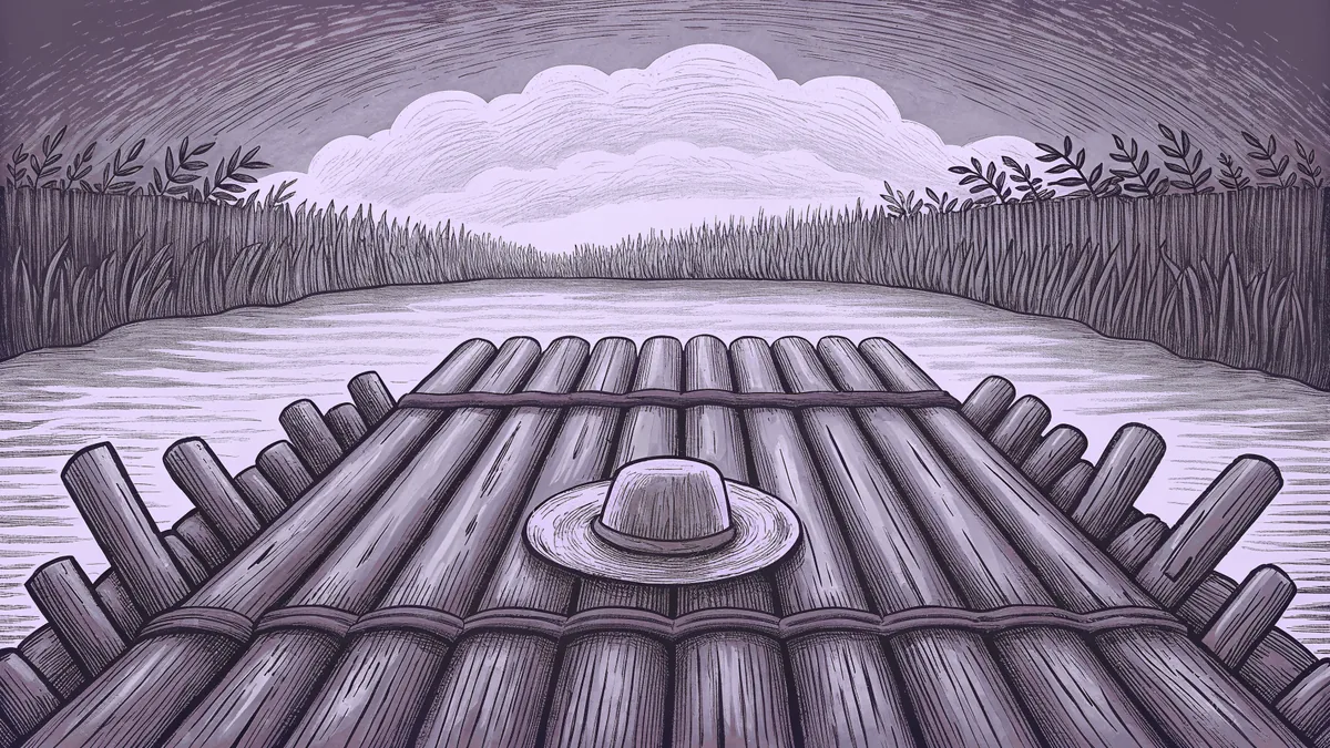 A wooden raft drifts on a wide river beside a picket fence and a straw hat.