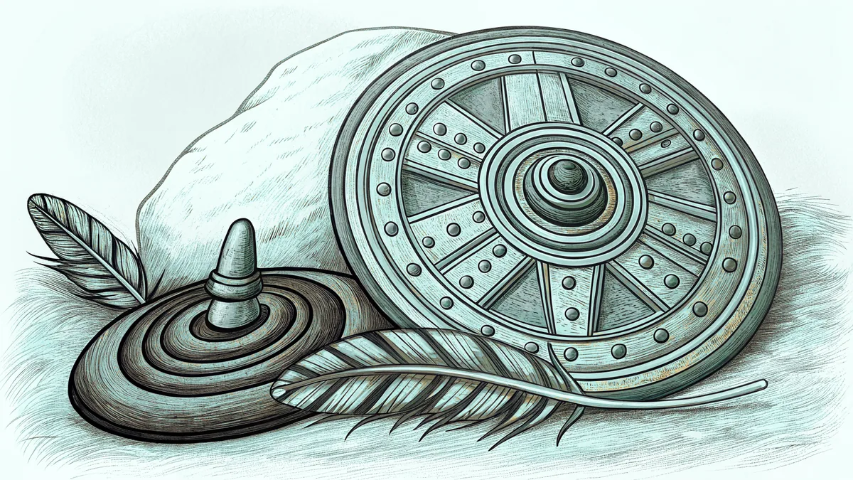 A spinning top beside a feather drifting down toward a snail resting on a stone.