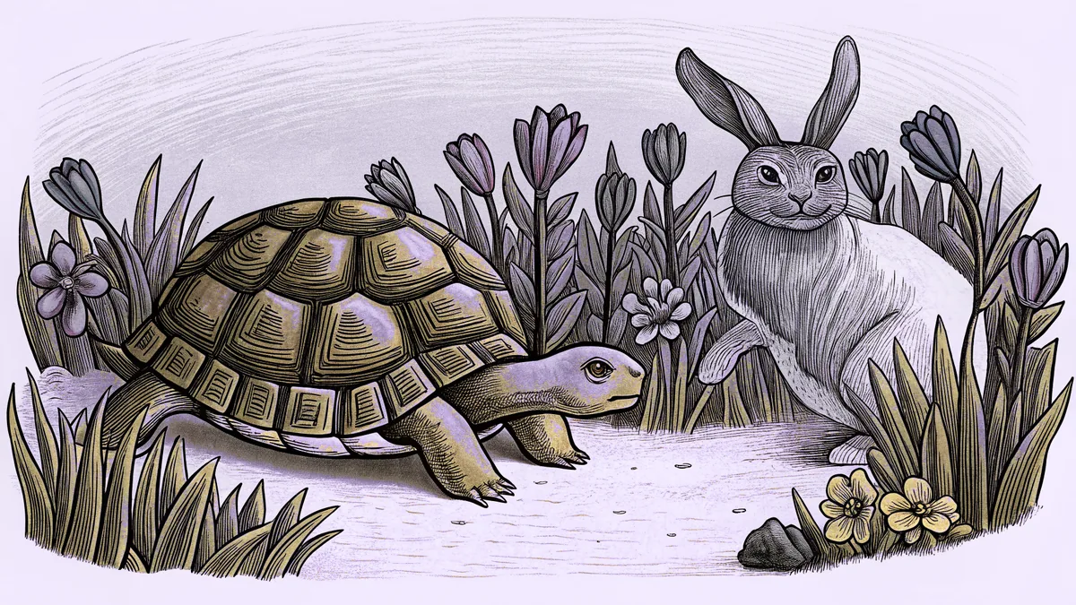 A tortoise and hare racing across a sunny meadow with blooming wildflowers.