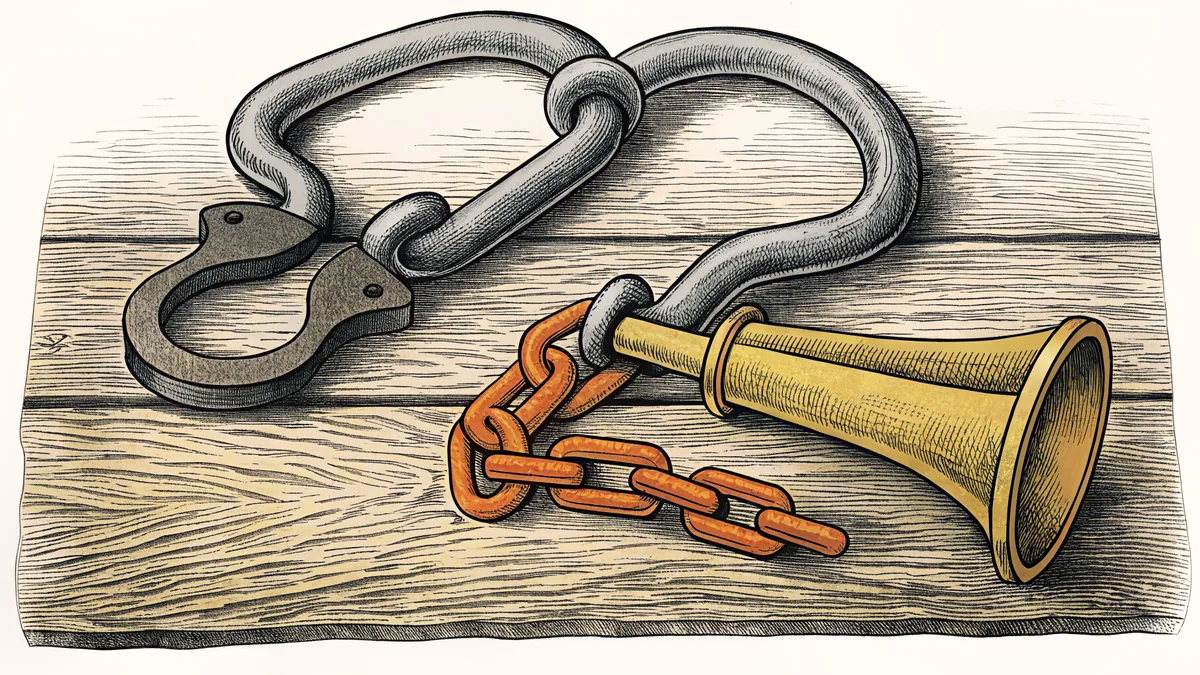 A heavy wrought iron shackle and a brass trumpet resting on worn timber.