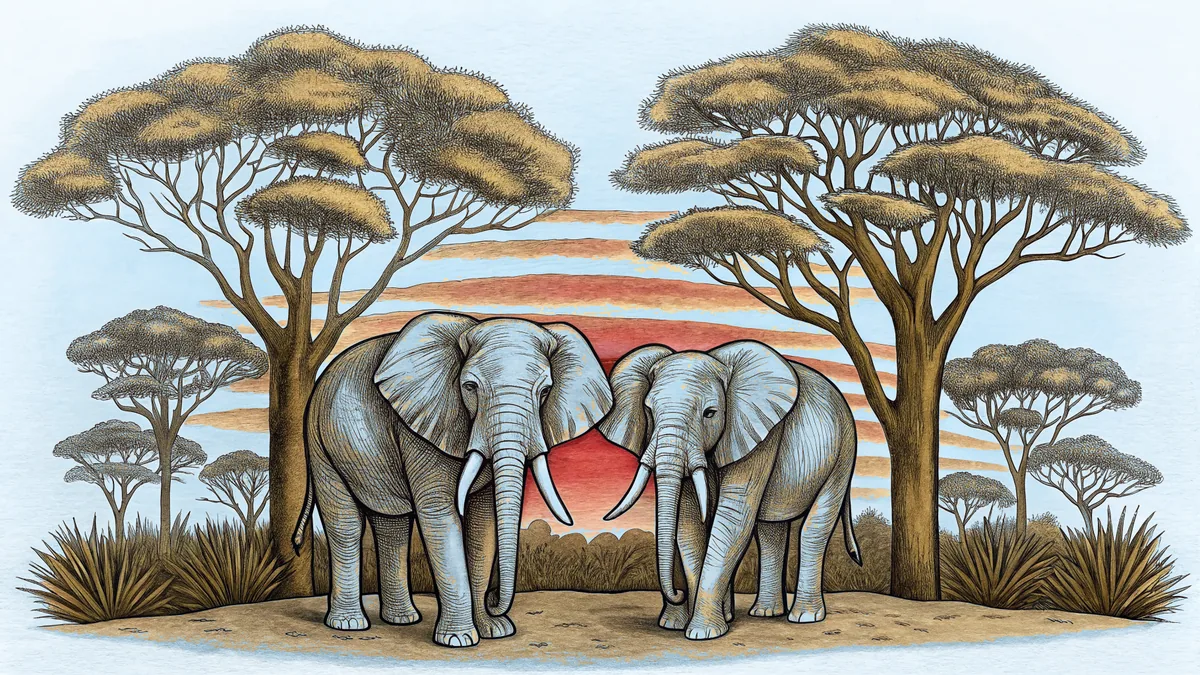 Elephants and acacia trees framed against an African savanna sunset sky.