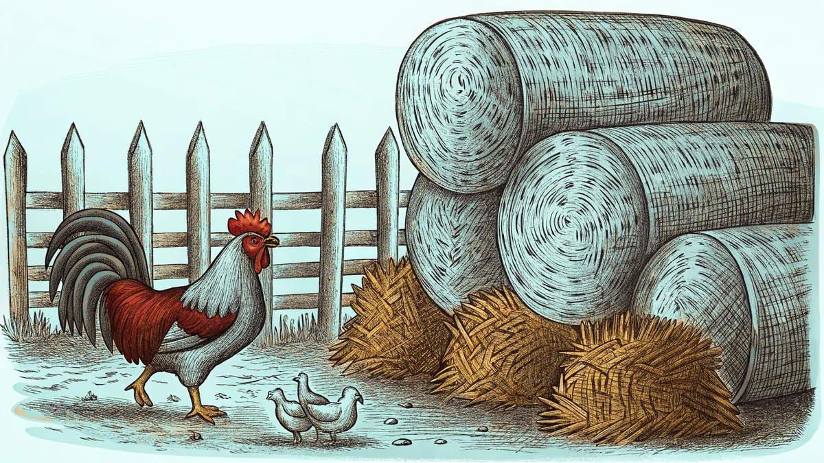 Roosters and cattle stand in a working farm yard with composted soil and cultivated land.