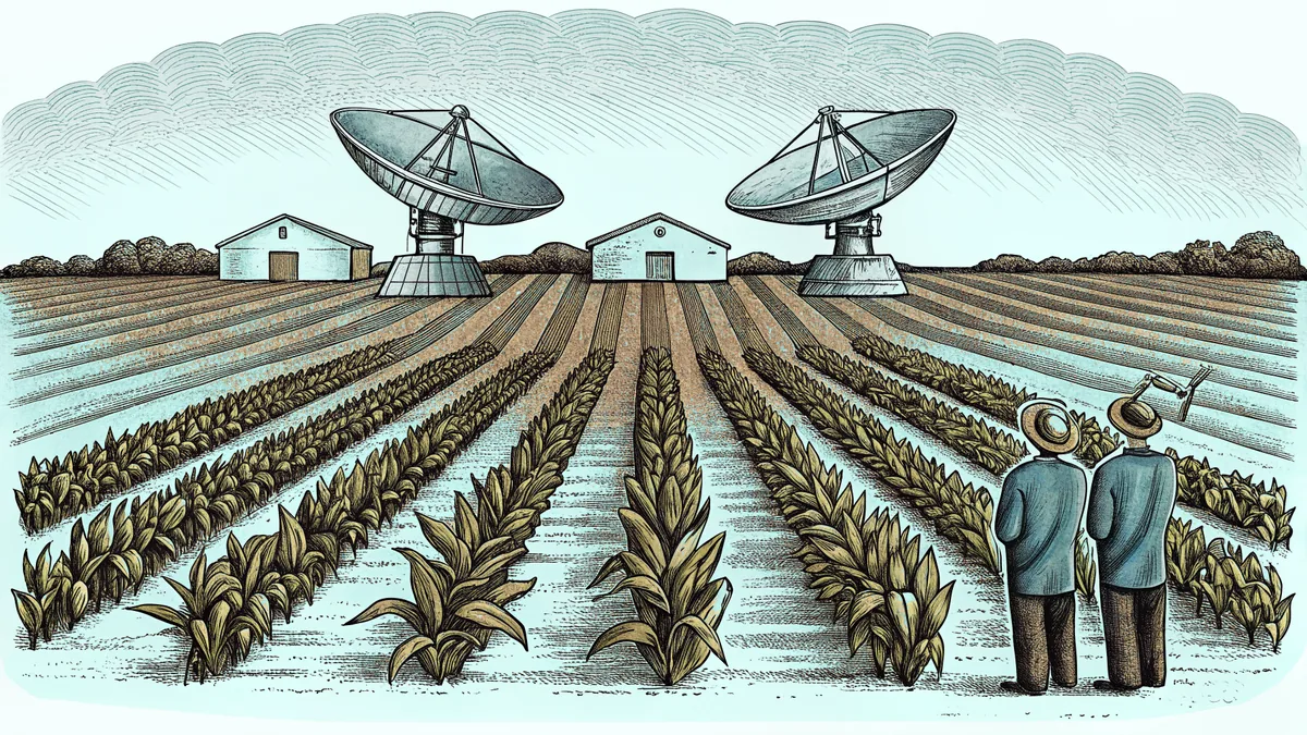 Agricultural satellites monitoring crops over fields with sensor technology and digital mapping displays visible.