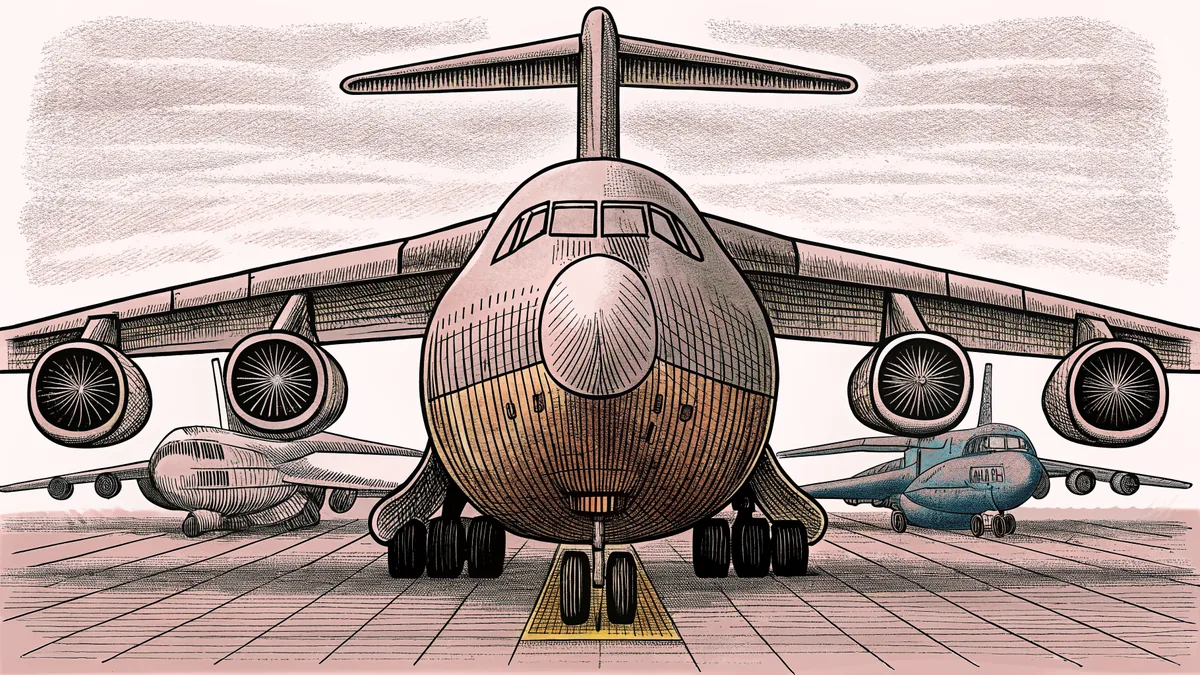 A large cargo aircraft sits on a runway beside a sleek military jet at an active airfield.