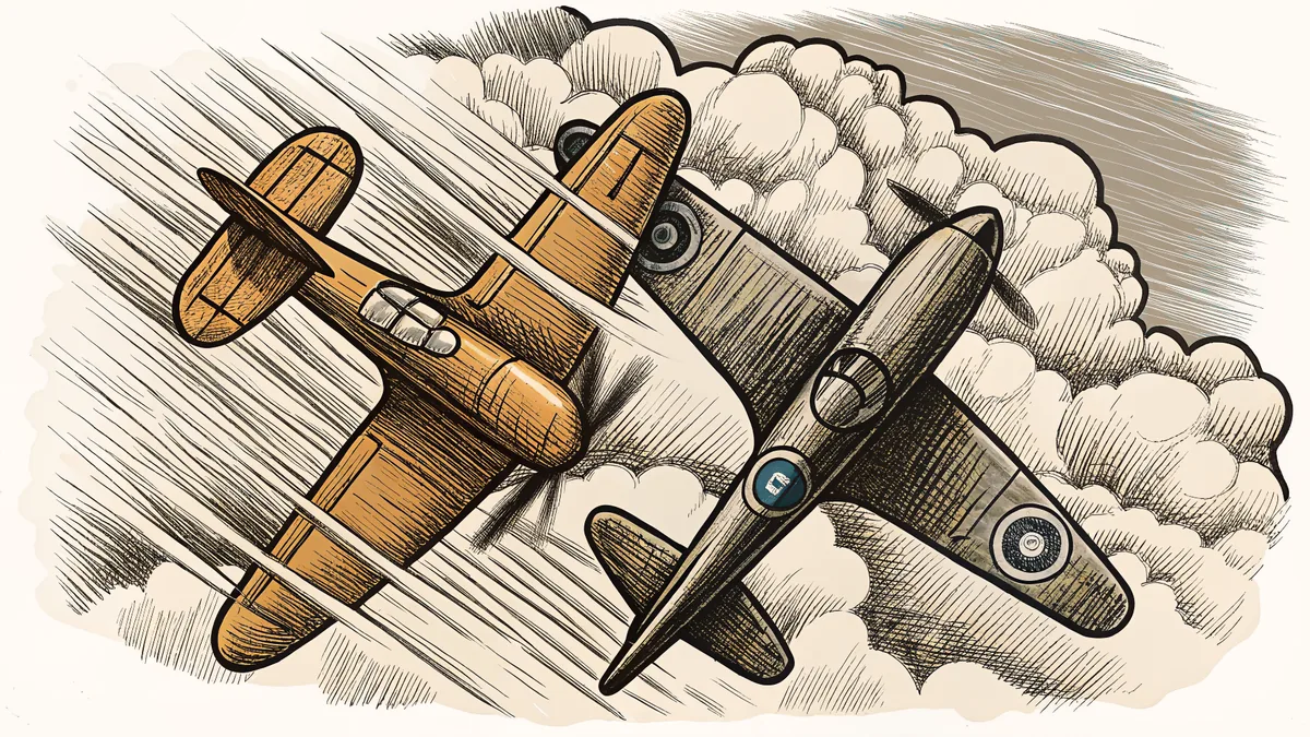 A Spitfire and Messerschmitt clash in dramatic aerial dogfight among the clouds.