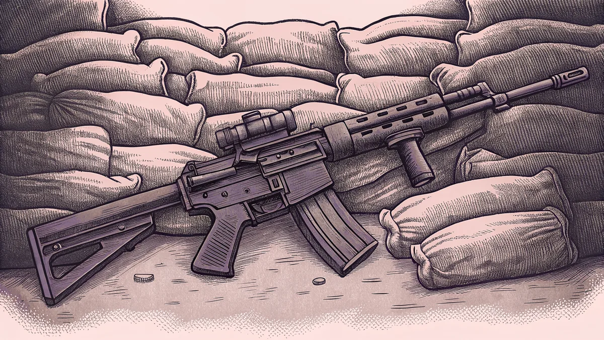 An airsoft rifle with loaded magazines positioned on a mock battlefield setup.