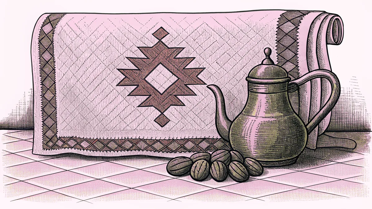 A woven tapestry hangs beside a brass teapot and dates on a sunlit tiled floor.