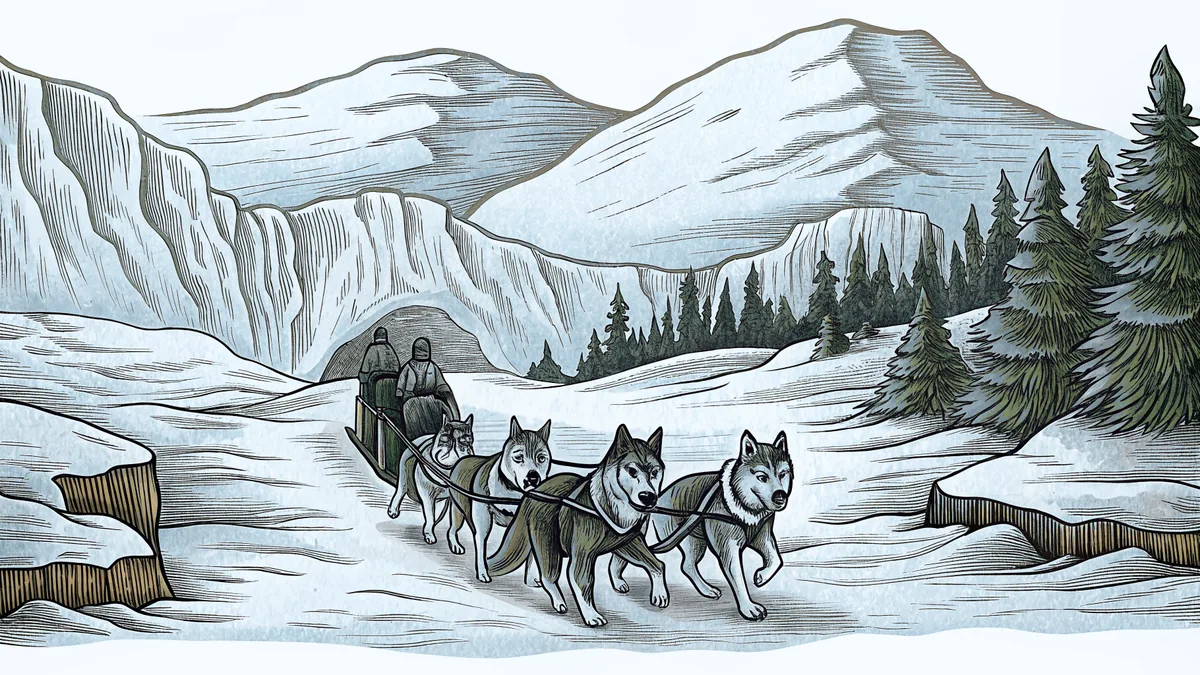 A dog sled team racing through snow-covered Alaskan mountains and glacial terrain.