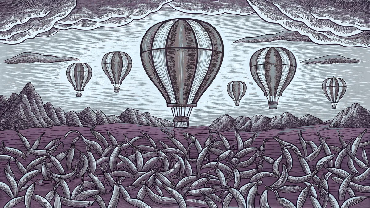 Colorful hot air balloons floating over red chile fields beneath mountains.