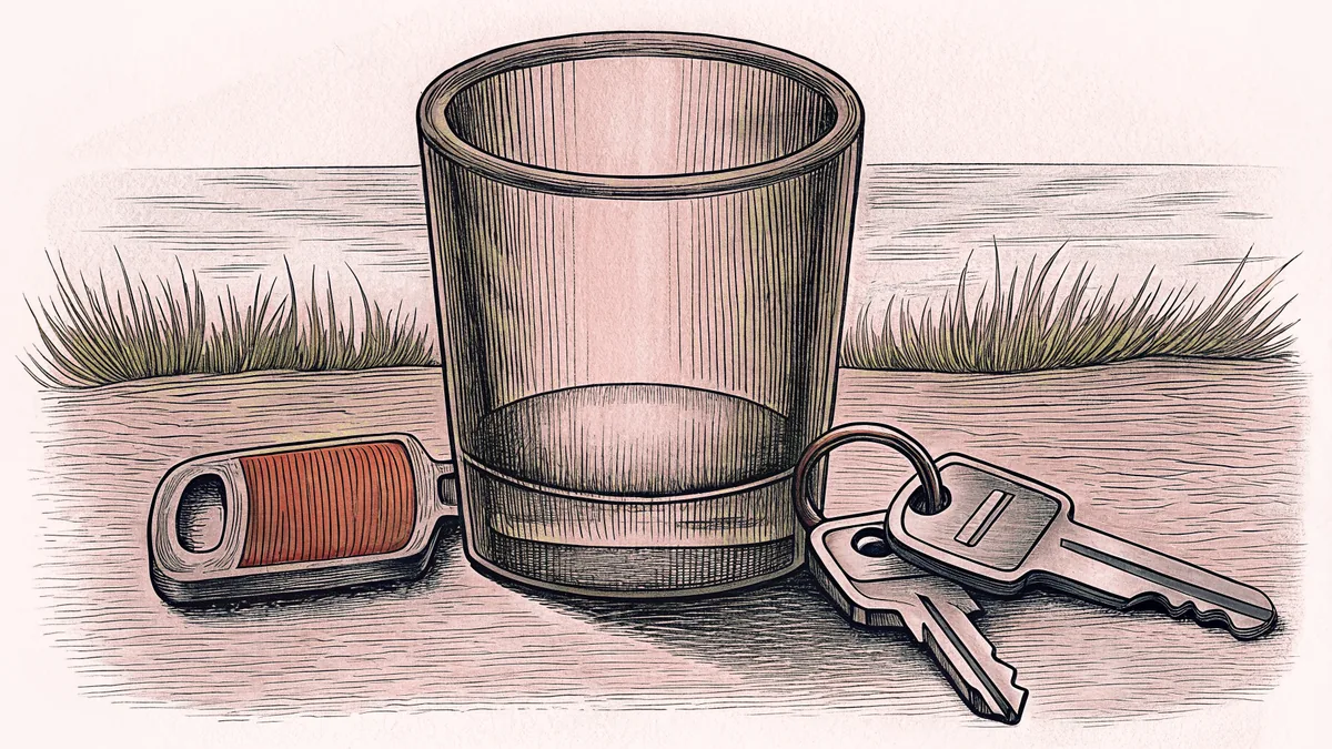 An empty glass tumbler and a set of car keys beside a bottle opener.