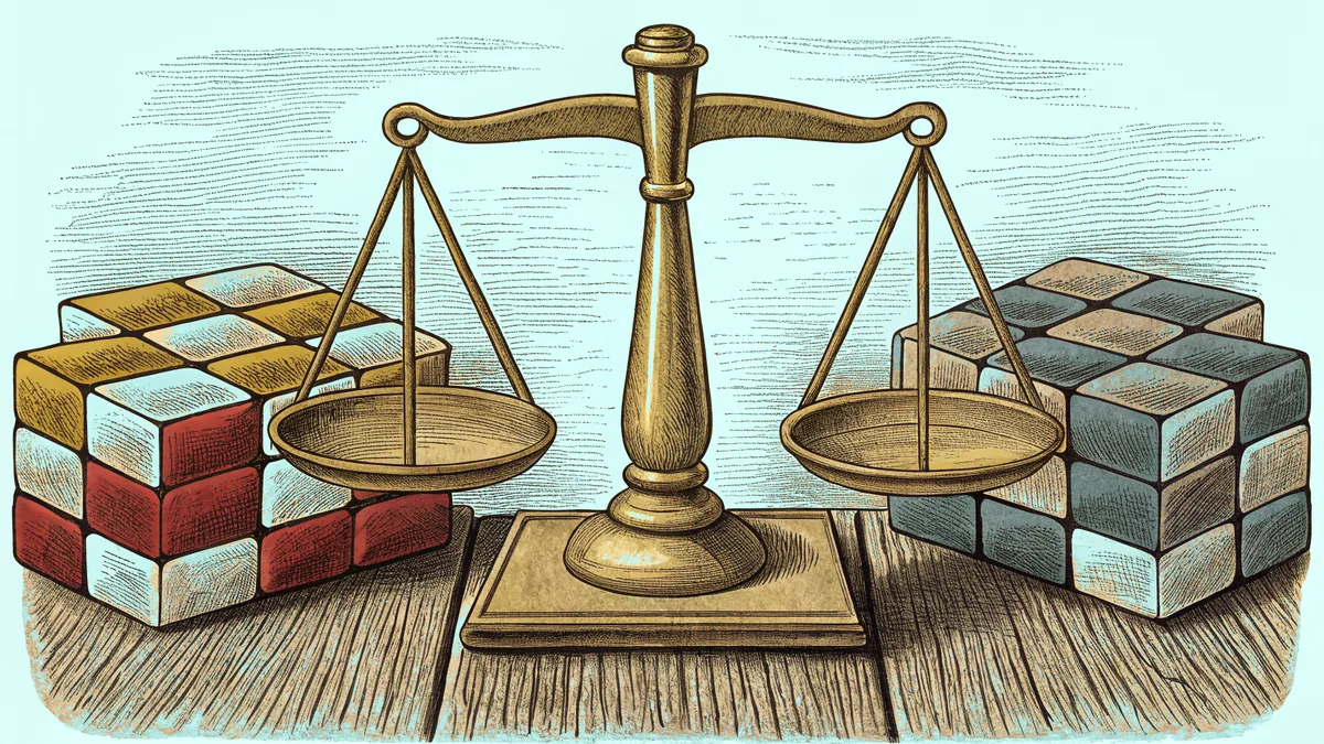 Balance scale with weights and blocks illustrating algebraic equilibrium.