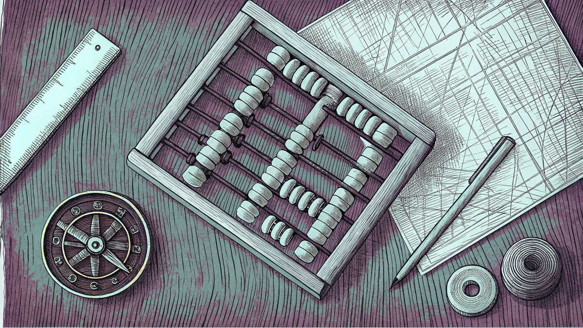 Desktop arrangement with abacus, compass, ruler, and mathematical notes.