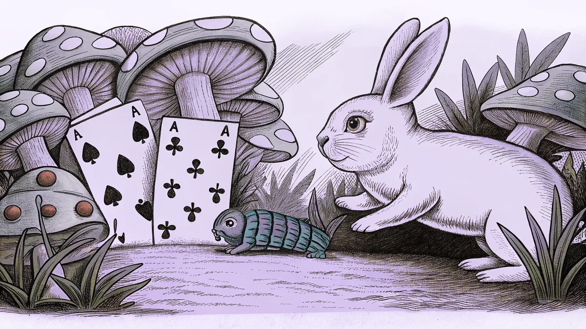 A white rabbit hops through a mushroom garden toward playing card soldiers.