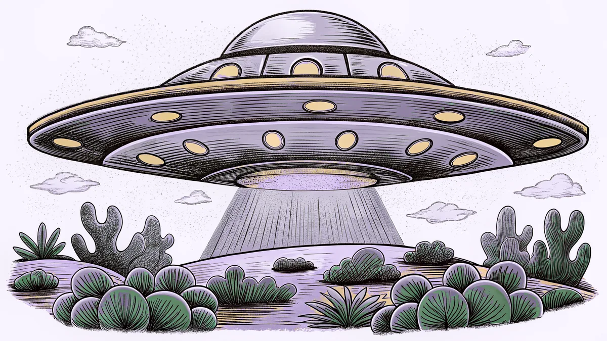Silver flying saucer suspended above desert landscape against a backdrop of distant stars.