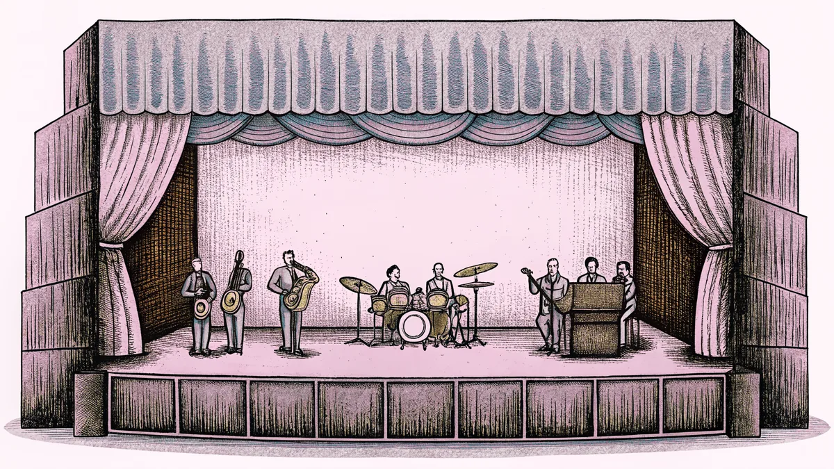 A jazz band performing with saxophones, bass, drums, and piano on stage.