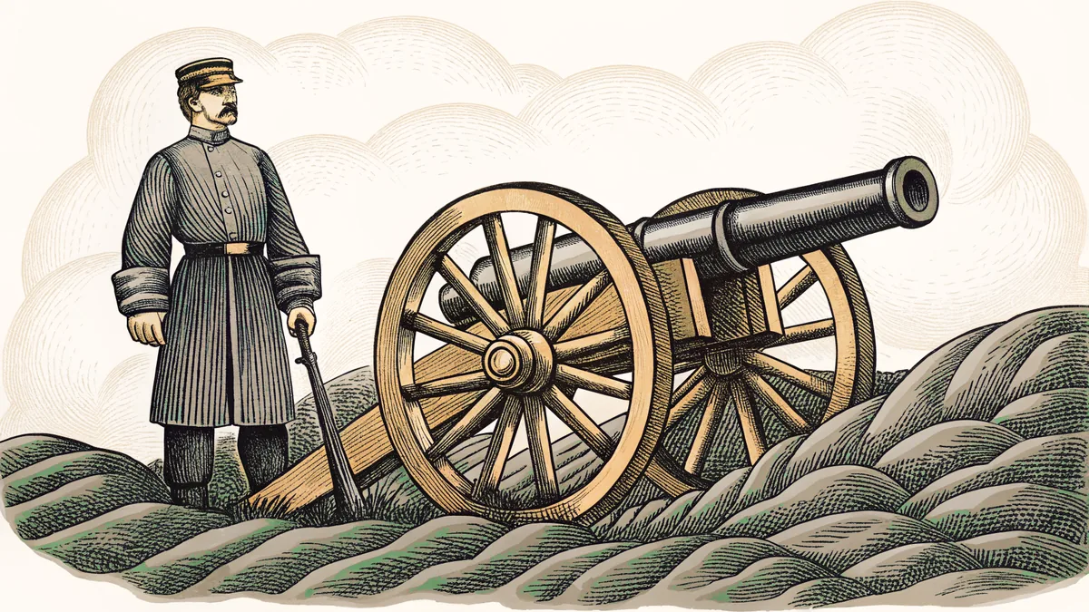 A soldier in Civil War uniform positioned near an antique cannon.