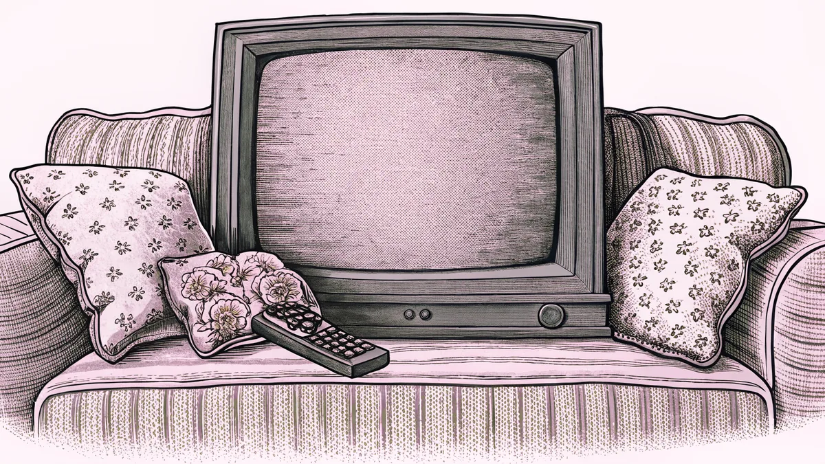 A television set and remote sit on a table beside a comfortable upholstered sofa.