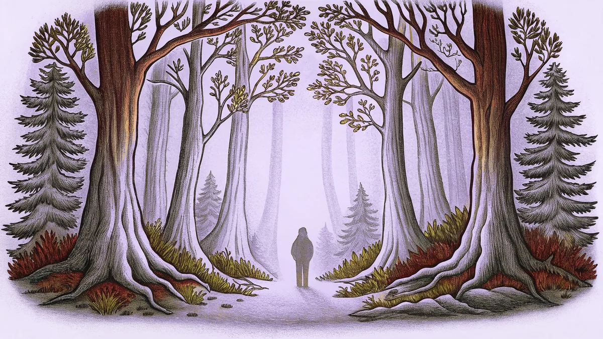 A mysterious silhouette lurks at the edge of a dense, shadowy forest at dusk.