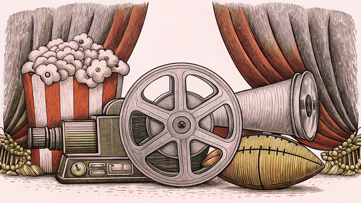 A film canister and projector sit beside a football and white yard line.