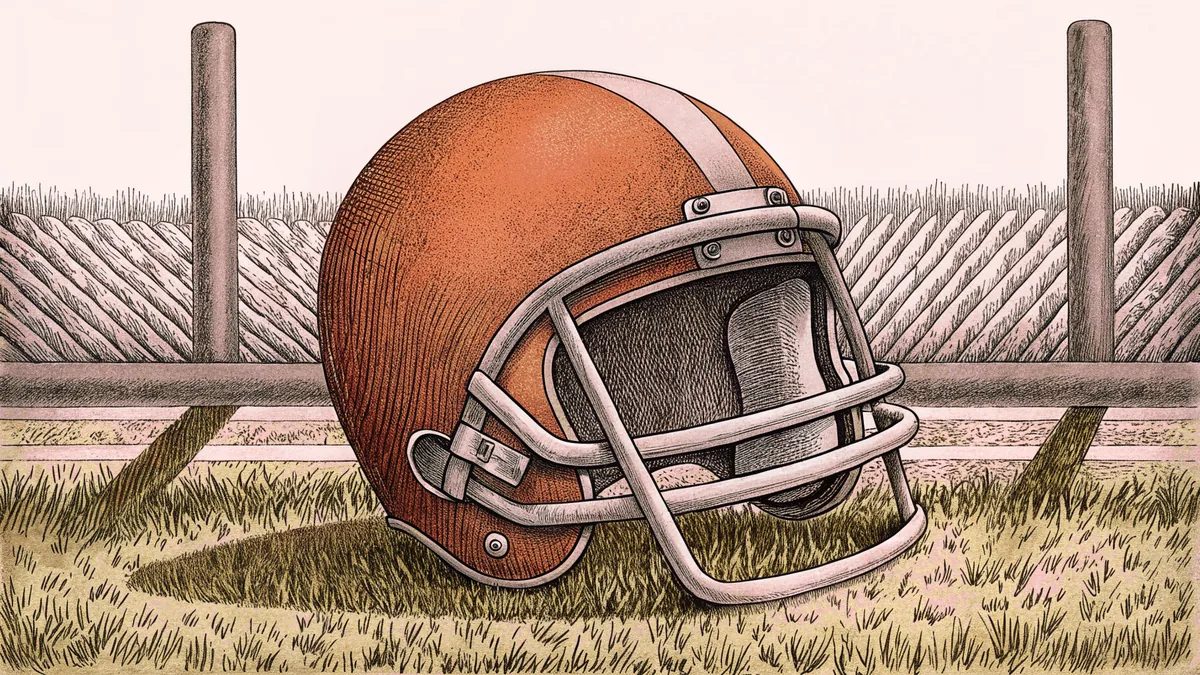 A football helmet sits on grass beside tall white goalposts with yard line markings.