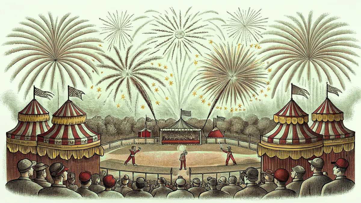 Red, white, and blue fireworks bursting over a festive carnival with crowds gathered below celebrating.
