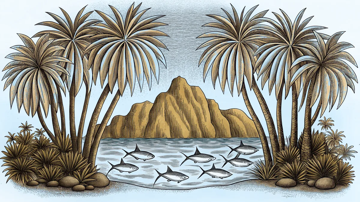 Tropical Samoan islands rise from turquoise waters with pandanus palms along white sand beaches.