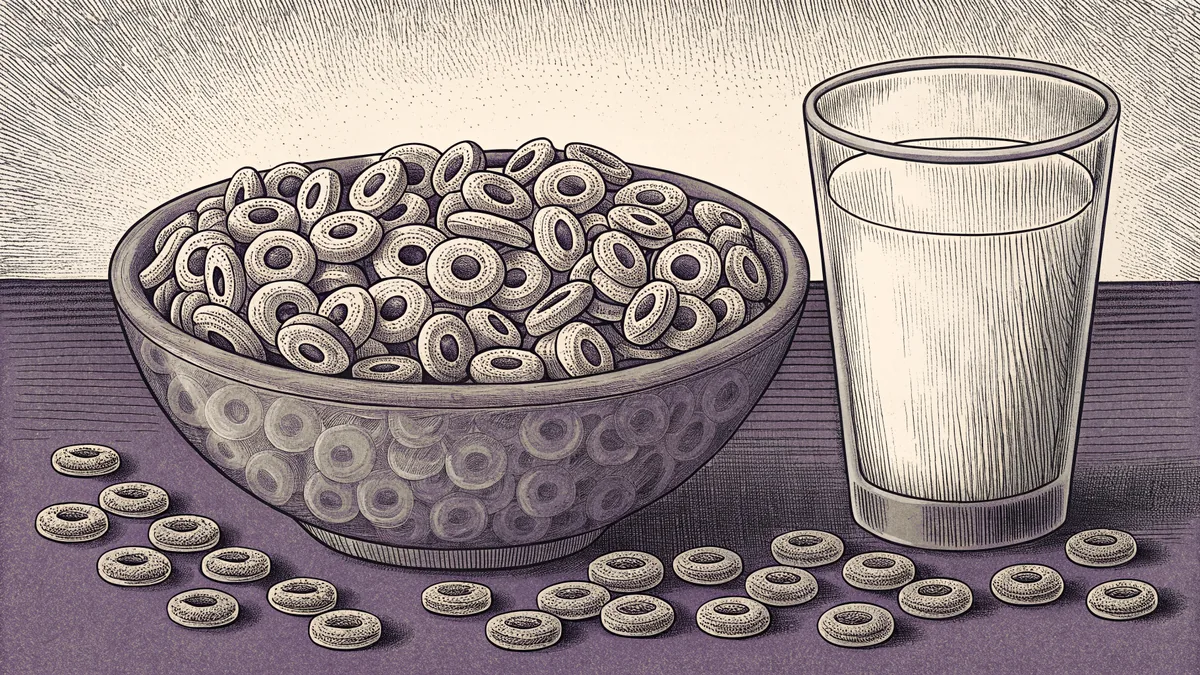 Popular breakfast cereals poured into a bowl with milk