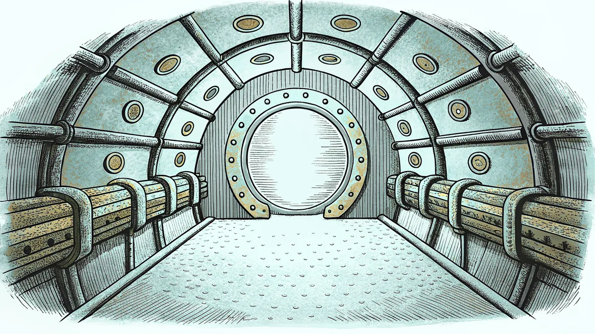A shadowy spacecraft corridor lined with riveted pipes and a glowing lamp.
