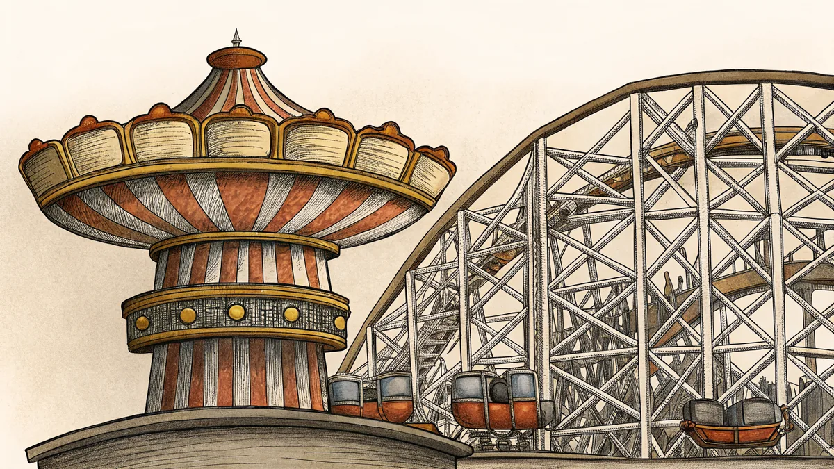 A carousel and bumper cars spin beneath a brightly lit roller coaster at dusk.