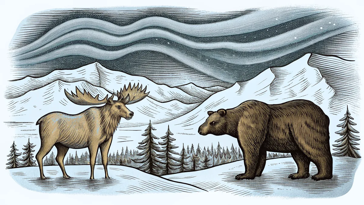 A moose and bear roam through Alaska's snowy mountains under the northern lights