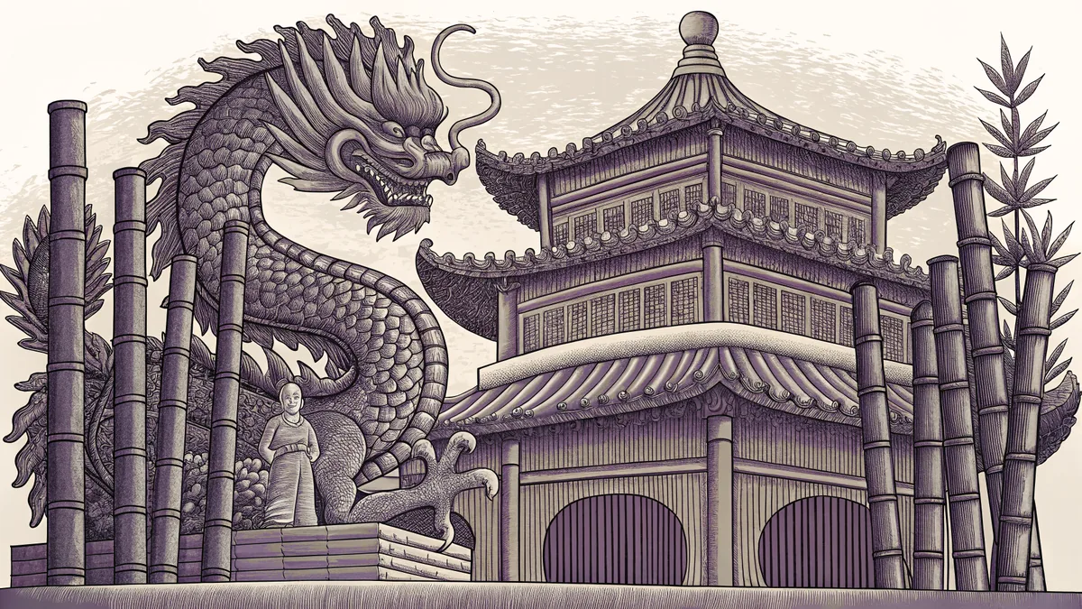 Jade dragon figure positioned above a terracotta warrior standing before an ornate pagoda surrounded by bamboo.