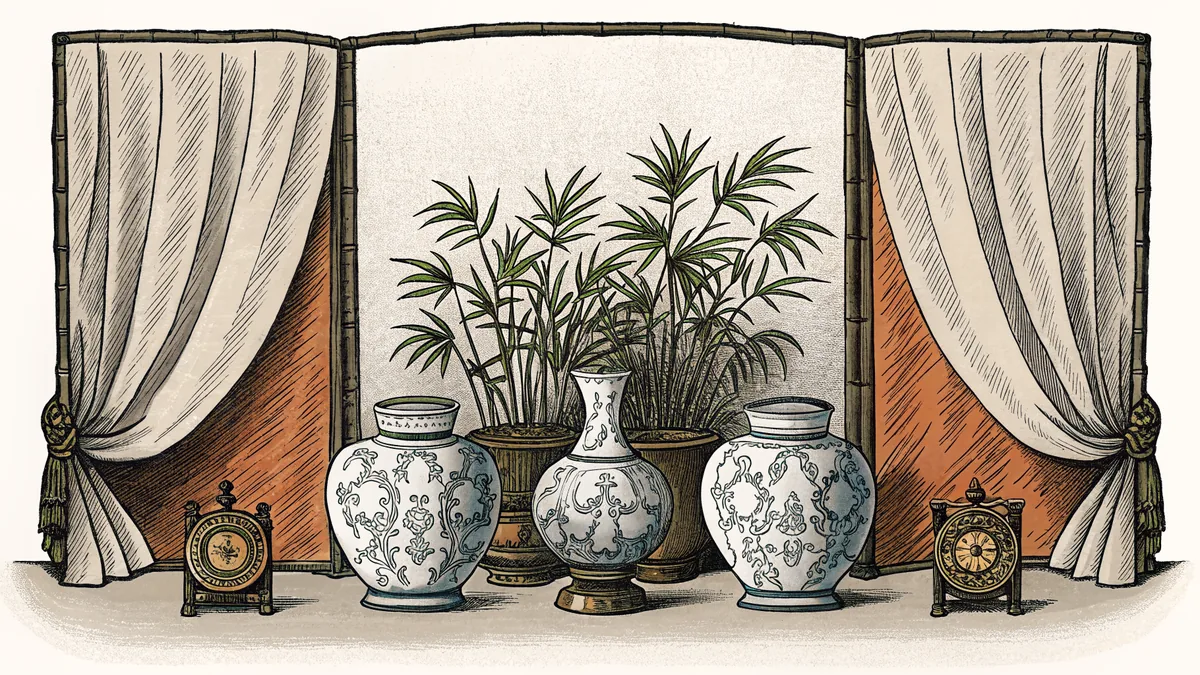 Ancient Chinese court with porcelain, silk, bamboo, and artifacts.