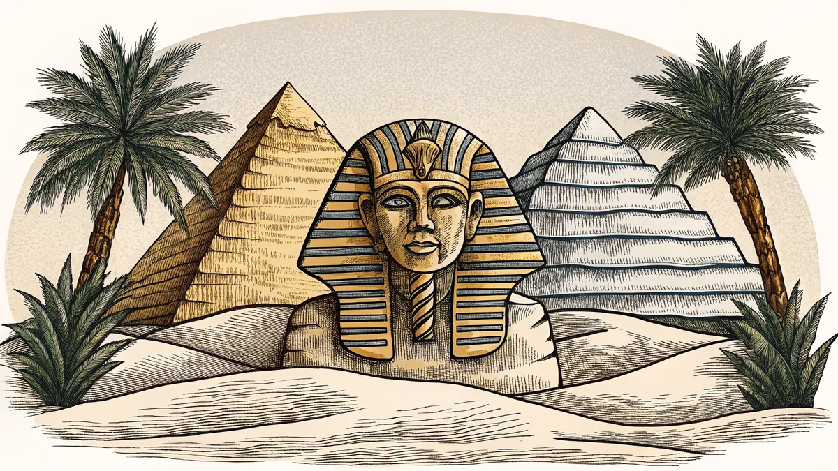 Ancient Egyptian monuments with the Great Sphinx and golden treasures.