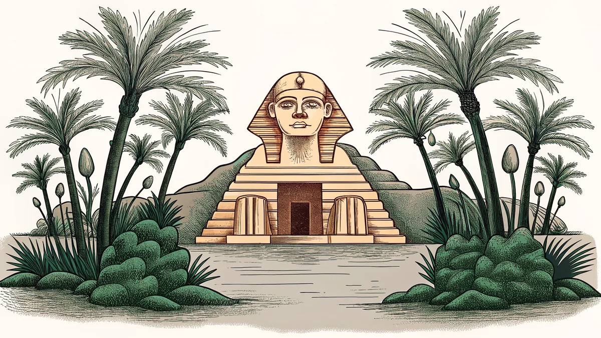 An ancient Egyptian landscape with sphinx, Nile River, papyrus plants, and tomb architecture.