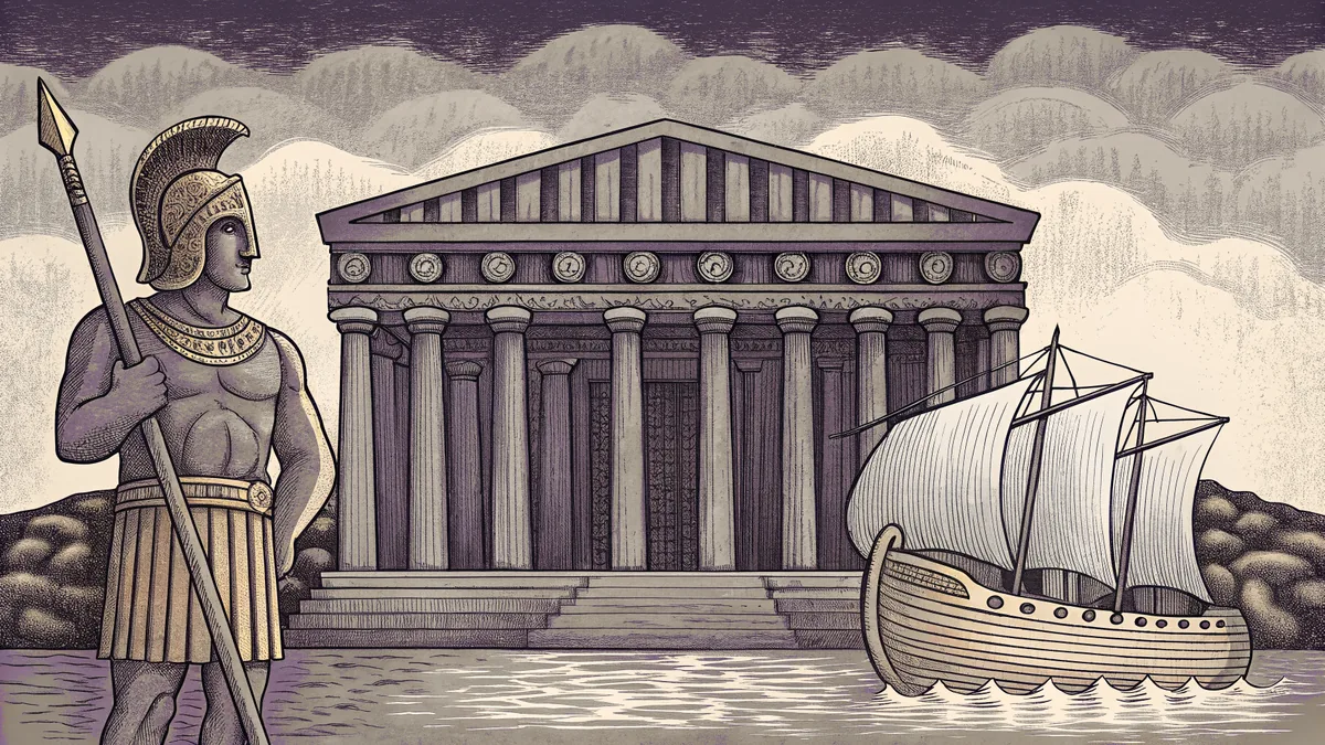 Greek hoplite warrior positioned before the majestic Parthenon temple with an ancient trireme sailing below.