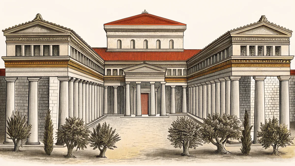 Ancient Greek agora with stone columns, amphora, and olive trees.