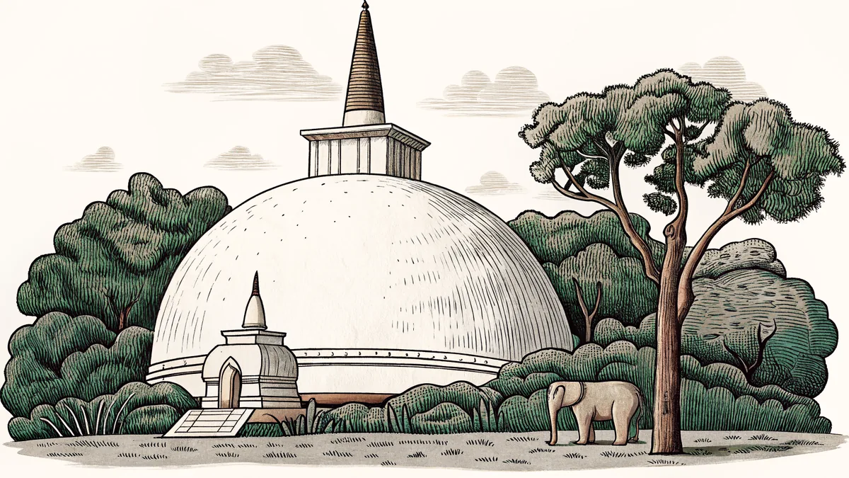 An elephant grazes near a domed stupa beside a stone citadel wall.