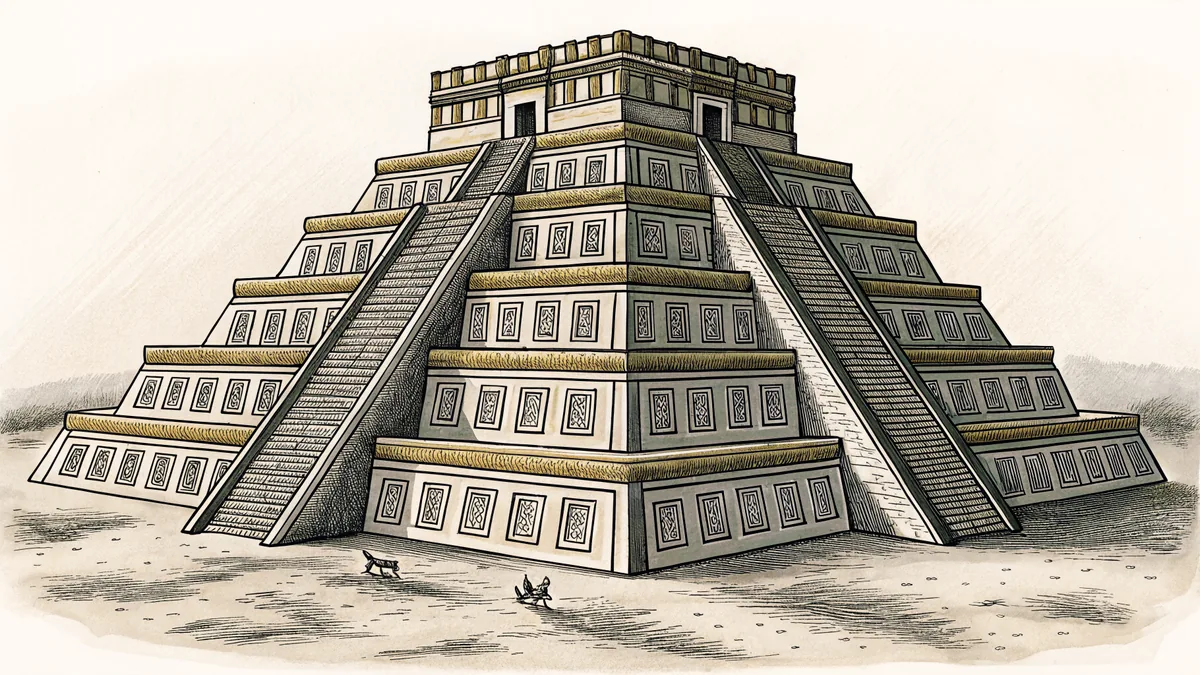 Towering ziggurat with a chariot racing across dusty ground and stone tablets scattered at its base.