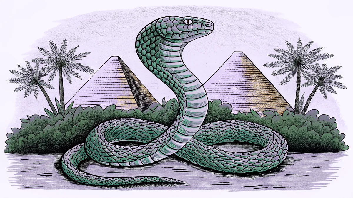 An ancient serpent shrine rises beside the golden sands of the Nile.