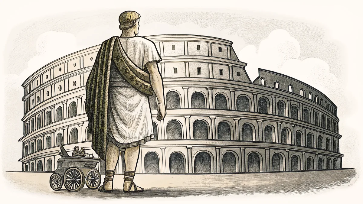 Gladiator in armor and toga standing before the massive Roman Colosseum with chariot and aqueduct arches.