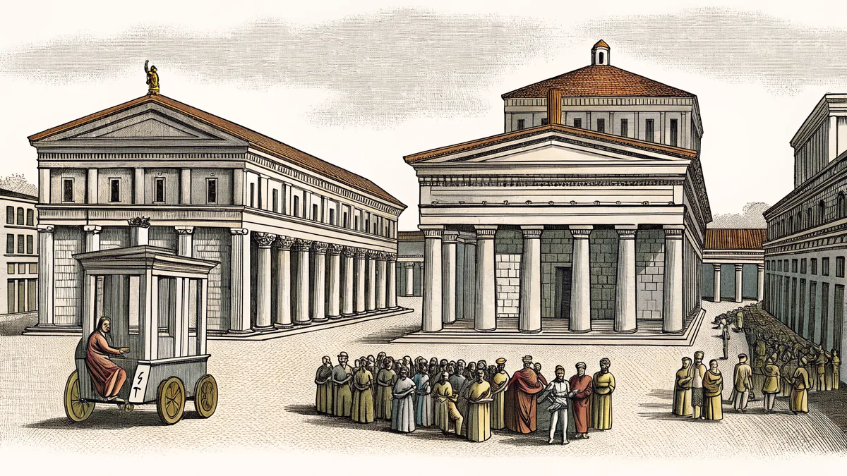 Ancient Roman forum with columns, chariot, and citizens in togas.