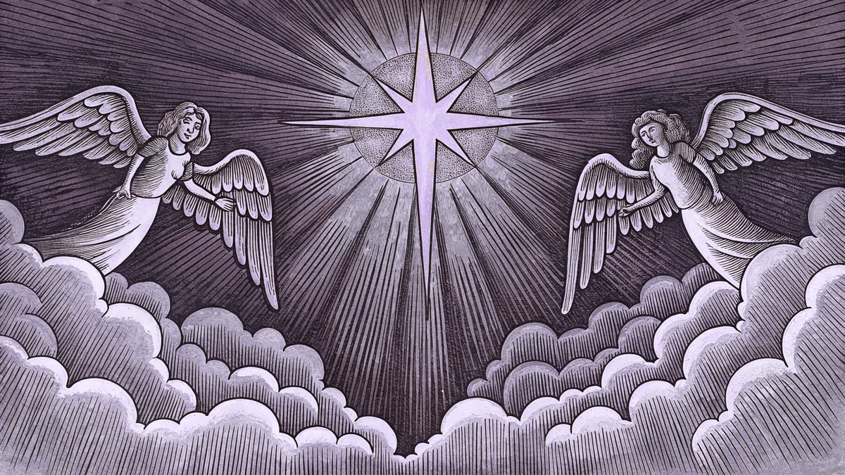 Ethereal angelic figures radiating within divine light and billowing clouds.