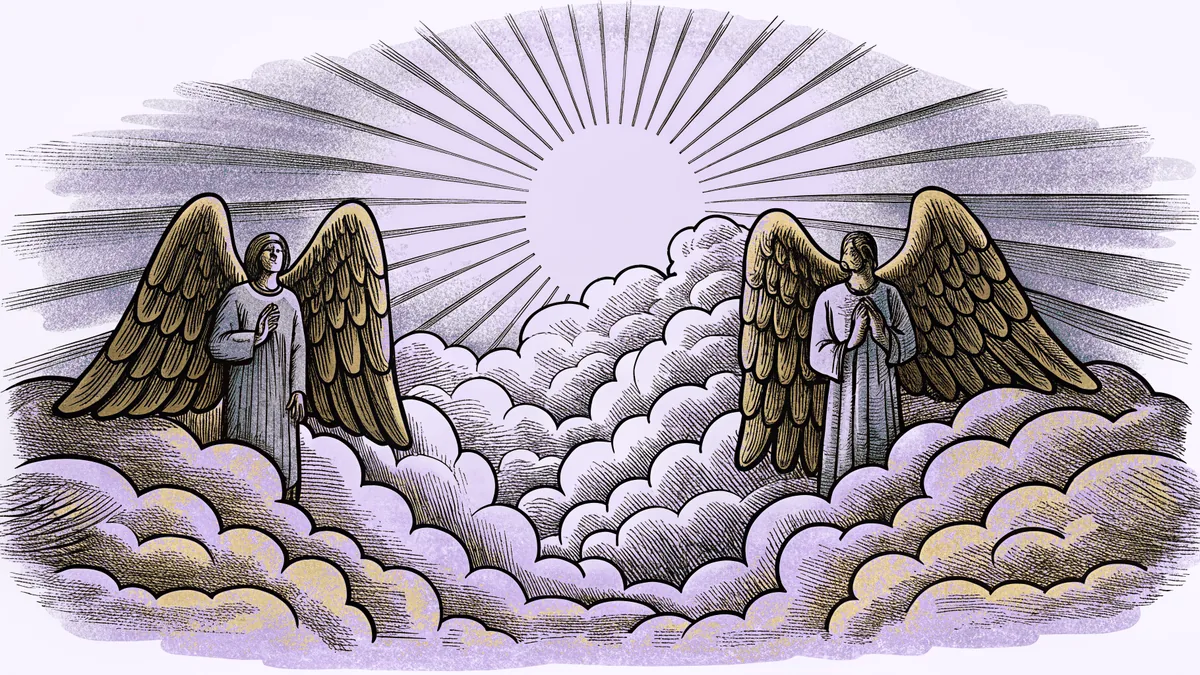 Celestial imagery with glowing wings, halos, and radiant light representing heaven.