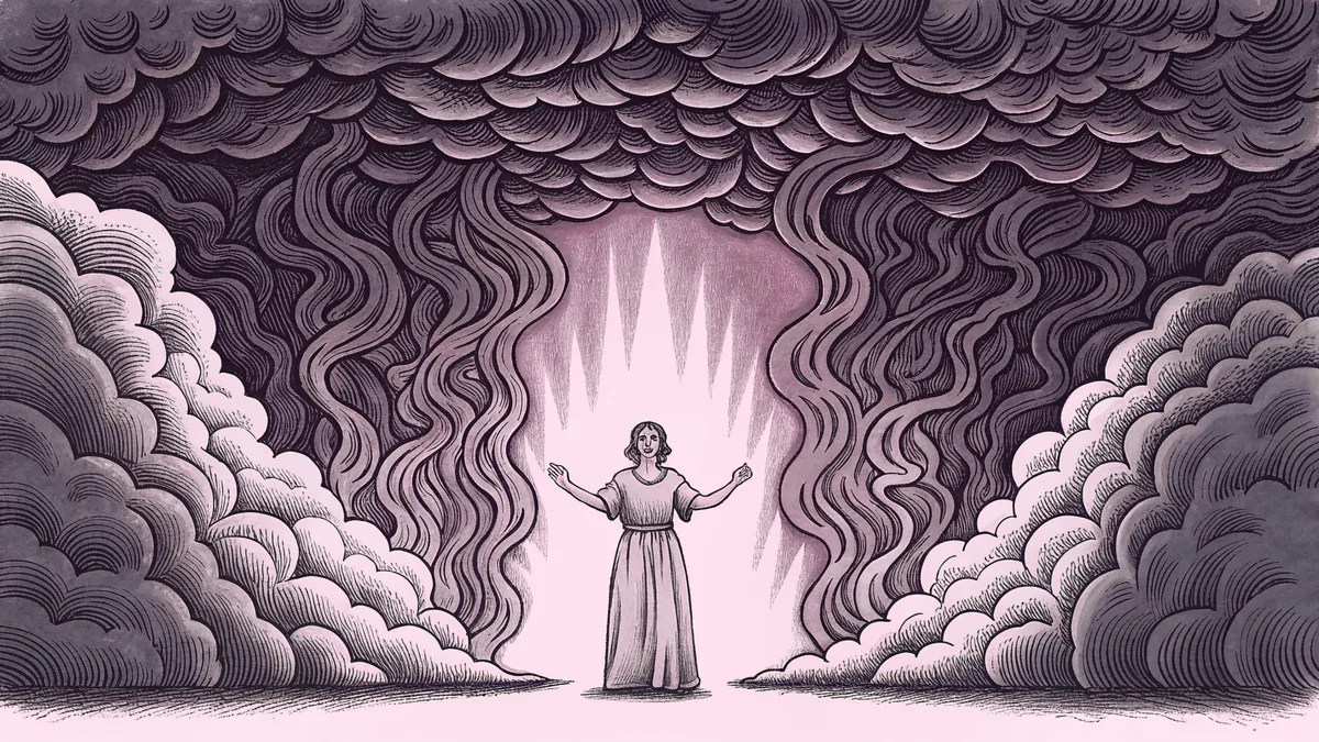 An angry figure engulfed by swirling red flames and ominous dark storm clouds.