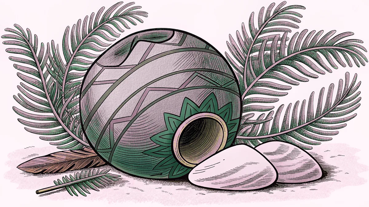 A clay pot beside two pale stones and a feather, among fern fronds.