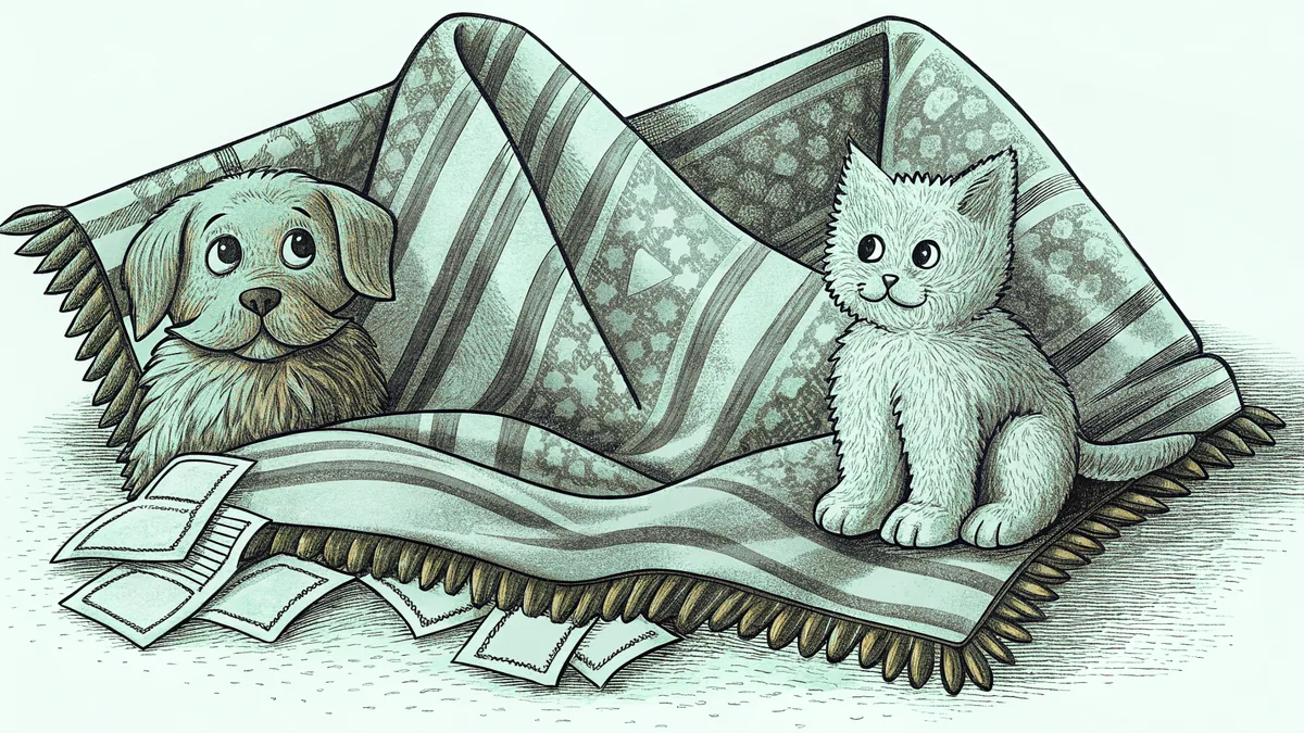 A playful puppy and fluffy kitten sit together on a blanket in sunlight.
