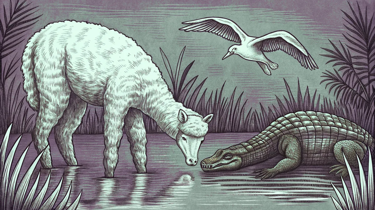 An alpaca standing near an alligator by water, with an albatross soaring through the sky.